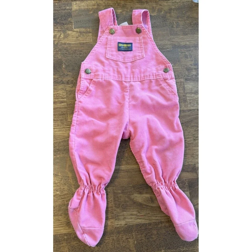 OshKosh Bgosh Vintage Pink Corduroy Vestbak Footed Overalls 6/9 Months USA Girls
